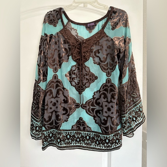 Hale Bob Turquoise/Brown Burnout Velvet Embellished Tunic - S - Picture 11 of 12